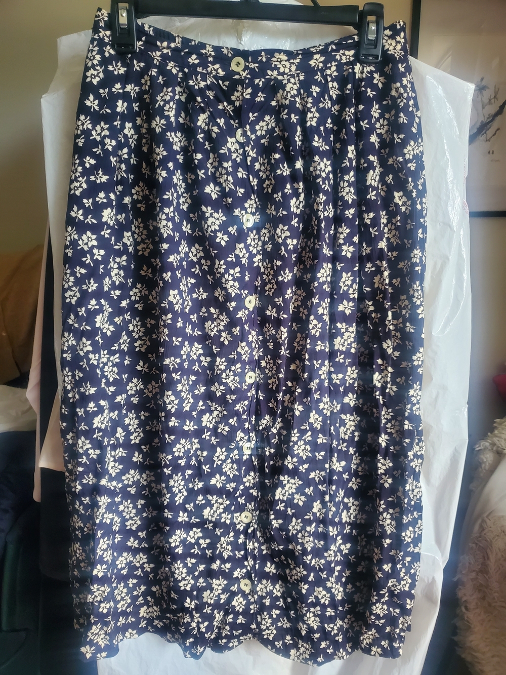 Navy Floral Button-Front Midi Skirt
